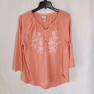 Christopher & Banks Embroidered Boho Tunic Blouse Coral Pink Size L Cotton